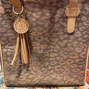 CONSUELA Tan Leopard-Pattern Tassel Tote Bag